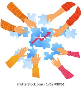 Concept teamwork banner, different hand hold puzzle pieces isolated on white, flat vector illustration. Business company people group brainstorming increase profits, coordinated work firm crew.