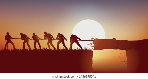 Concept of teamwork to bring a solution, with a group of men who creates a makeshift bridge over a chasm, using a tree trunk pulled by a rope.