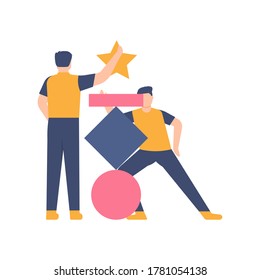 the concept of teamwork, building cohesiveness, balance. illustration of a team working together to arrange an object in the form of a triangle, circle, rectangle, and star to become a tower.