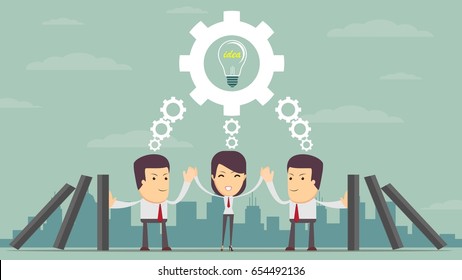 Concept of teamwork building working system of cogwheels. domino effect and problem solving .