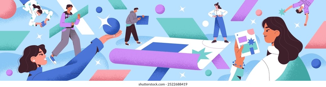 Concept of teamwork in business. Creative team works together on banner. People collect geometric figures, colourful shapes. Colleagues analyze data to create project. Flat vector illustration