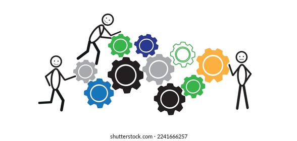 the concept of teamwork, business development, figures of people and gears, moving forward, isolated on a white background
