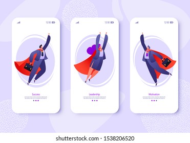 Concept Of Teamwork, Business, Financial Success, Leadership, Commitment To Work Theme. Flat Flying Business People Heroes. Vector Illustration For Mobile Website Development And Web Page Design. 