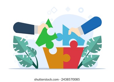 concept of Teamwork in business, Setting Up Separate Puzzle Pieces. connect puzzle elements and look for ideas. Community Cooperation, Collective Work, Partnership. Flat Vector Illustration.