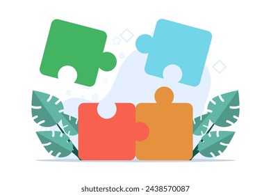 concept of Teamwork in business, Setting Up Separate Puzzle Pieces. connect puzzle elements and look for ideas. Community Cooperation, Collective Work, Partnership. Flat Vector Illustration.