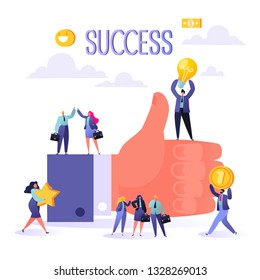 Concept of  teamwork business success. Big hand with thumb up and happy flat people characters.Men and women celebrating victory. Achievement concept. Flat, cartoon, trendy, vector illustration.