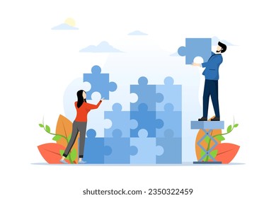 The concept of teamwork in business. Team metaphor solves problems. people connecting puzzle elements. Teamwork symbol, cooperation, partnership vector. flat vector illustration on background.