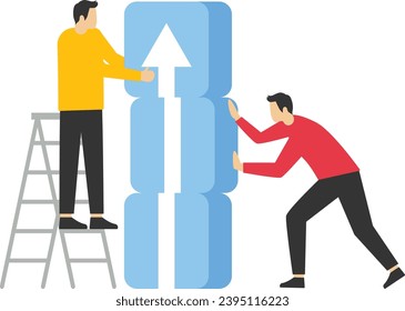 Concepto de trabajo en equipo en los negocios. El equipo de negocios puso bloques con un símbolo de flecha hacia arriba, concepto de crecimiento del negocio y entorno de trabajo ayudándose mutuamente para el éxito.

