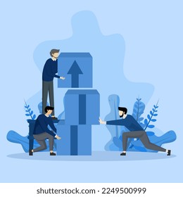 Concept of teamwork in business. Business team putting up blocks with up arrow symbol, business growth concept, working environment helping each other for success.