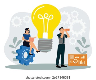 The concept of teamwork. Business teams analyze data and develop ideas. Flat vector illustration.