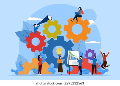 concepto de trabajo en equipo en los negocios, las personas diminutas lanzan mecanismos para lograr ideas, luz de bombillas, surgimiento de ideas, símbolo de creatividad, mente, pensamiento. Ilustración vectorial plana.