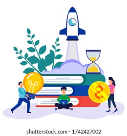 The concept of teamwork business. Vector illustration, the process of starting a business project, ideas through planning and strategy, time management, realization, success, achieving targets.