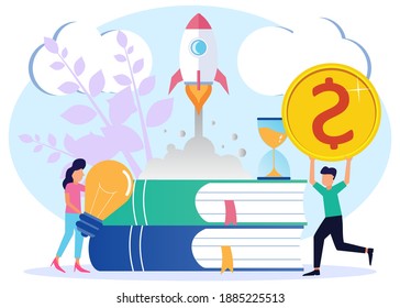 El concepto de trabajo en equipo Ilustración vectorial, el proceso de iniciar un proyecto empresarial, ideas a través de la planificación y la estrategia, gestión del tiempo, realización, éxito, consecución de objetivos.