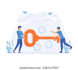 concept of teamwork. Businessman and entrepreneur go to the door with a key. flat vector modern illustration 