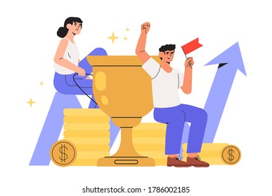 Concept of teamwork, career growth, reach goal, success achievement theme with successful flat business people characters celebrating victory. Promissing company or startup triumph or growth.