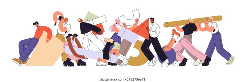 Concept of teamwork. Collaboration and business partnership. Team works in cooperation. Group of coworking employees carrying geometric shapes together. Flat isolated vector illustration on white