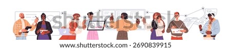 Concept of teamwork and communication in business team. Collaboration and cooperation of employees. Colleagues work together in development. Flat isolated vector illustration on white background