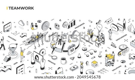 The concept of teamwork. Communication, organization, joining efforts, success and support within the business team. Various scenes on the topic of teamwork, combined into one isometric illustration