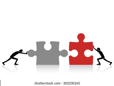 Concept of teamwork - connecting together grey and red pieces of puzzle