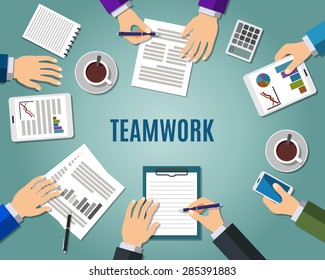 Concept of teamwork consulting on briefing, group of people planning, brainstorming idea of company strategy. Flat design style modern vector illustration