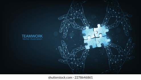 Concepto de trabajo en equipo y cooperación. Estrategia para el éxito. tecnología digital de jigsaw azul sobre fondo azul oscuro. logro de conexión de rompecabezas con un alambre de polos bajo.	