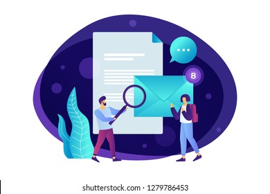 Concept of teamwork, the creation of working system. A man and woman are reviewing email. Young cartoon employees are looking for new solutions. Brainstorming in teamwork. Vector illustration.