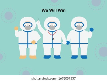 Concept of teamwork of doctors fighting against covid-19 virus in pandemic infection. Vector illustration.