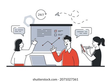 Concept of teamwork. Employees working together to develop interface for page. Design for website. Programmers write code, layout, mockup. Motvation, workflow. Cartoon flat vector illustration