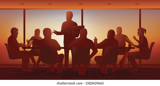 Concept of teamwork with executives of a company who discuss the strategy to take and seek solutions during a brainstorming.