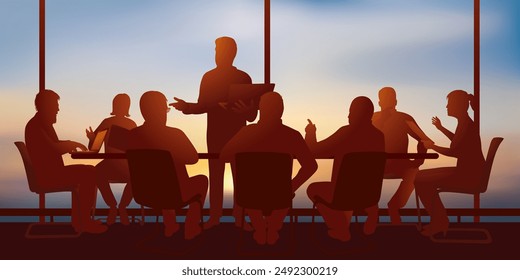 Concept of teamwork with executives of a company who discuss the strategy to take and seek solutions during a brainstorming.