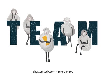 The concept of teamwork, a flock of sheep, different types of characters. RAM. Different emotions.  Flat vector for the community site banner and landing page.