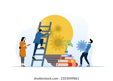 concept of teamwork in generating solution or idea, Business People Meeting Learn And Generate Ideas With Light Bulbs, team of business people doing brainstoming, flat vector illustration.