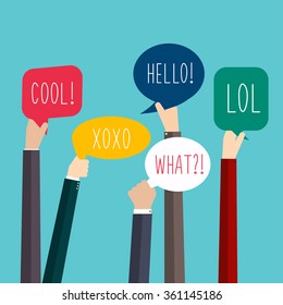 Concept of teamwork and integration with businessman holding colorful Speech Bubbles. Hands with Social Media Words. Vector illustration.