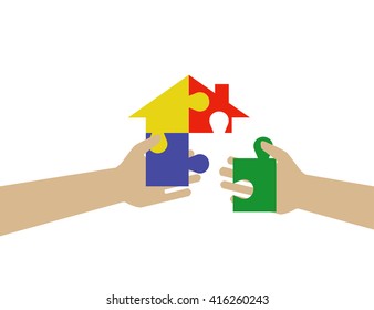 Concept of teamwork and integration with businessman holding colorful puzzle
