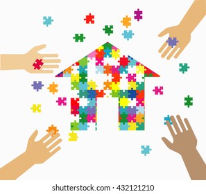 Concept of teamwork and integration with businessman holding colorful puzzle