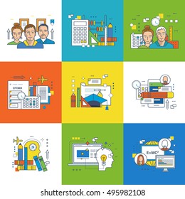 Concept of teamwork, joint training, types of education, project planning, graphic design, success in learning, video training. Vector illustration.