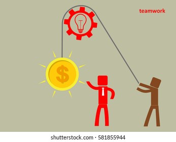 concept of teamwork - a man holds up a brain on a rope. Profit concept