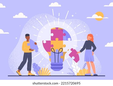 Concept Of Teamwork. Man And Woman Assemble Light Bulb From Colorful Puzzles. Brainstorm, Idea And Insight. Collaboration And Cooperation, Partnership Metaphor. Cartoon Flat Vector Illustration