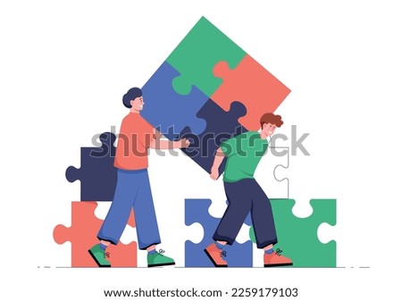 Concept of teamwork. Men collect figures from puzzles. Partners and colleagues working on common project. Collaboration and cooperation. Effective business workflow. Cartoon flat vector illustration