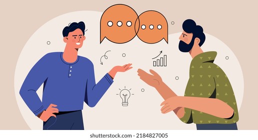 Concept of teamwork. Men communicate, analysts discuss charts. Marketing research, graphs and diagrams, work with statistics. Colleagues and partners at office. Cartoon flat vector illustration