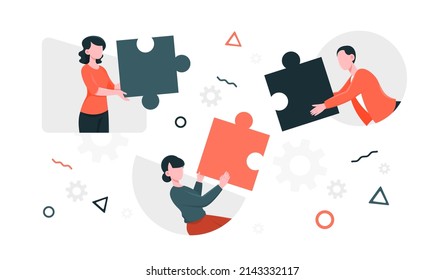 Concept of teamwork. Men and girl with puzzles. Company development, employees and colleagues work on same project. Coworking and partnership, people fixing pieces. Cartoon flat vector illustration