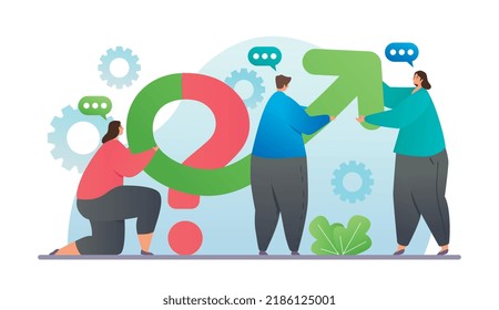 Concept of teamwork. Men and girls change direction of arrow. Employees improve efficiency of company. Assessment of income and expenses, financial literacy. Cartoon flat vector illustration