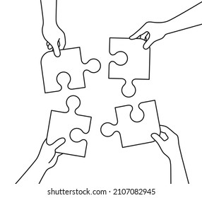 Concept teamwork metaphor with piece of puzzle in hand line style vector illustration svg