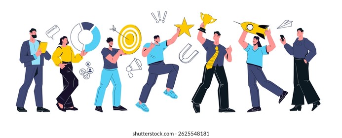 Concept of teamwork and partnership in achieving business goals with effective strategies for collaboration and success. Business team boost and maximize productivity, vector illustration isolated.