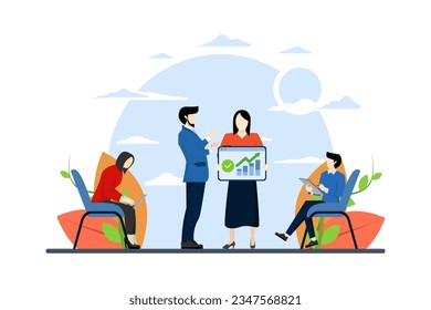 Concept of teamwork, partnership and creative idea. Man and woman sitting and standing in office. Team of people at work working on solutions together. Flat design flat vector illustration.