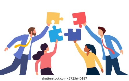 Concepto de trabajo en equipo y asociación. El grupo de colegas está trabajando en conjunto. Los empleados trabajan juntos. Personas conectar puzzles, compartir ideas de negocio Ilustración vectorial