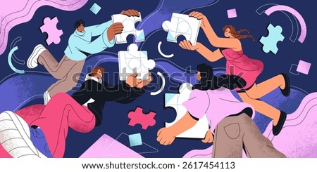 Concept of teamwork and partnership. Group of colleagues is coworking. Employees work together. Communication and development in team. People put puzzle, share business ideas. Flat vector illustration
