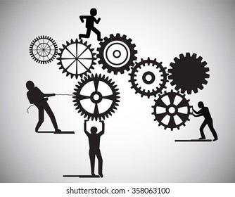 Concept of Teamwork, people building gear wheels, this also represents business partnership, unity, team working on building software applications, construction, career, group building cogwheels
