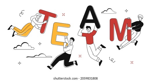 Concept of teamwork. People carry letters, workers put word together. Colleges, workflow, coworking. Community partnership, cooperation. Cartoon flat vector illustration isolated on white background