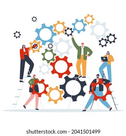 The concept of teamwork. People customize the system. Flat vector illustration. 